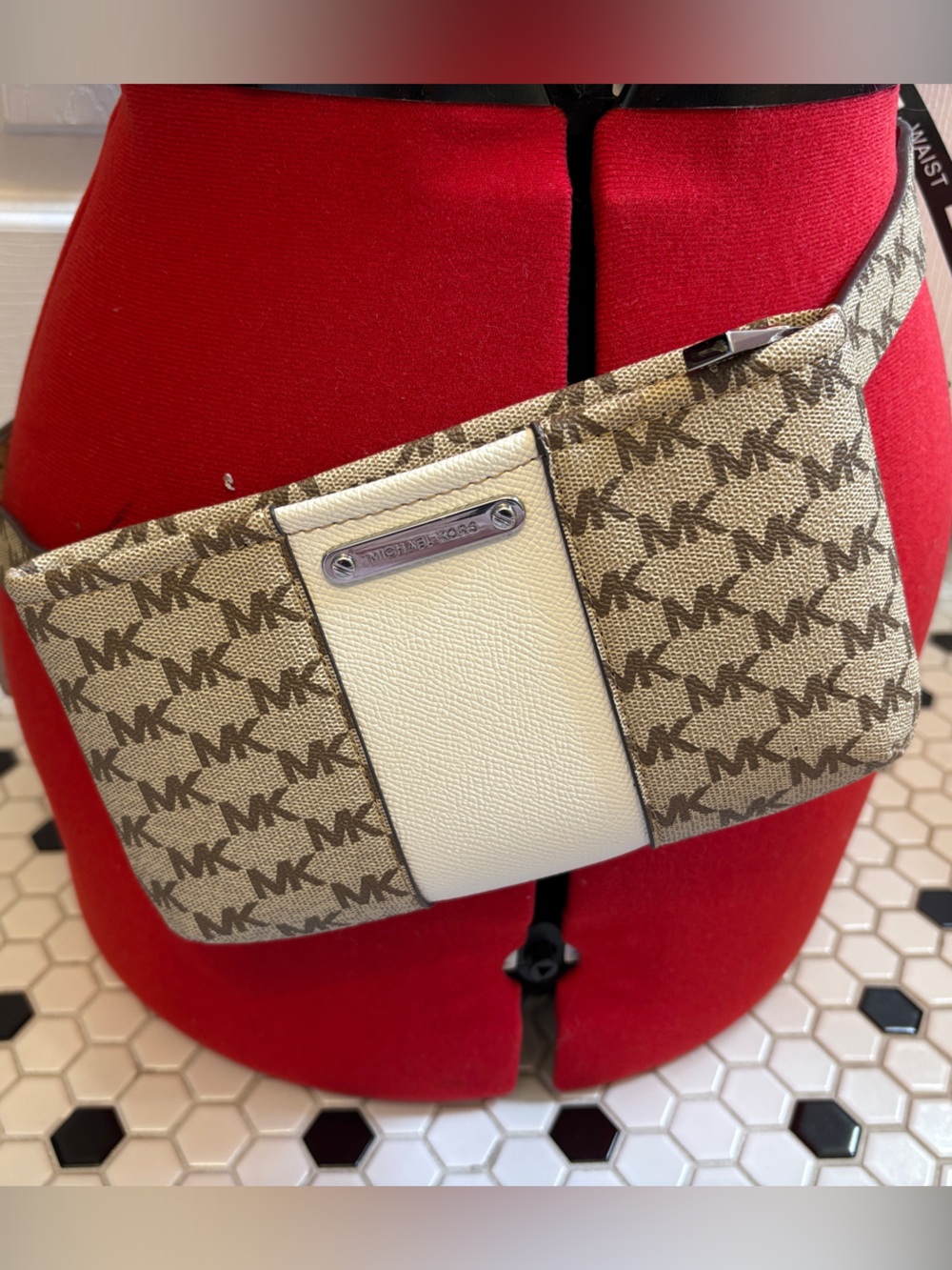 Michael Kors Beige and White Monogram Adjustable Crossbody Belt Bag